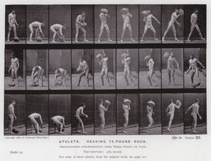 Ihmishahmo liikkeessä: Urheilija, heiluttelee 75 kiloa painavaa kiveä tekijältä Eadweard Muybridge