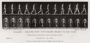 Ihmishahmo liikkeessä: Urheilija kävelee 50 kiloa painaen toisessa kädessään (m/v kuva) tekijältä Eadweard Muybridge