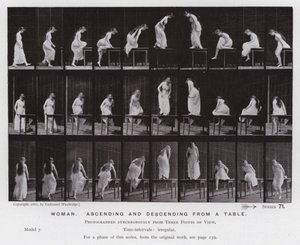 Ihmishahmo liikkeessä: Nainen, nouseva ja laskeva pöydästä (m/v kuva) tekijältä Eadweard Muybridge