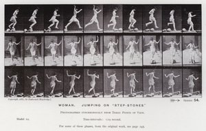 Ihmishahmo liikkeessä: Nainen hyppäämässä "askelkivillä" (m/w kuva) tekijältä Eadweard Muybridge