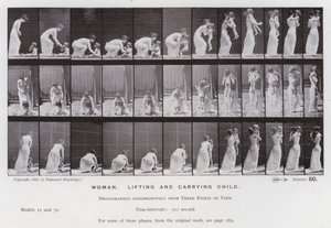 Ihmishahmo liikkeessä: Nainen, nostaa ja kantaa lasta (m/v kuva) tekijältä Eadweard Muybridge