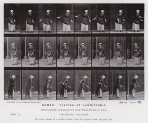 Ihmishahmo liikkeessä: Nainen pelaa nurmikkotennistä (m/w kuva) tekijältä Eadweard Muybridge
