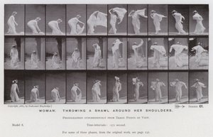 Ihmishahmo liikkeessä: Nainen heittelee huivia hartioilleen (m/w kuva) tekijältä Eadweard Muybridge
