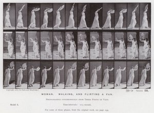 Ihmishahmo liikkeessä: Nainen, kävelee ja flirttailee tuulettimen kanssa (m/w kuva) tekijältä Eadweard Muybridge
