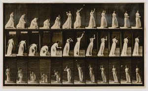 Nainen poimii pallon ja heittää sitä, kirjasta Animal Locomotion (Eläinten liikkuminen). tekijältä Eadweard Muybridge