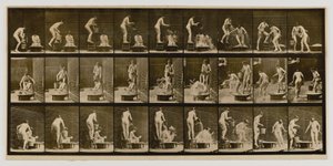 Nainen kaataa vettä toisen naisen pään päälle, kirjasta Animal Locomotion (Eläinten liikkuminen). tekijältä Eadweard Muybridge