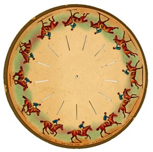zoopraxiskooppikiekko, jossa hevonen ratsastaa, 1893 tekijältä Eadweard Muybridge