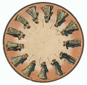 zoopraxiscope-levy, jossa pariskunta tanssii valssia , 1893 tekijältä Eadweard Muybridge