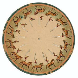 zoopraxiscope-levy, jossa akrobaatti tekee hevosen selkään voltin , 1893 tekijältä Eadweard Muybridge