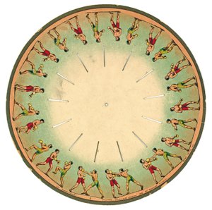 zoopraxiskooppilevy, jossa miehet nyrkkeilevät, 1893 tekijältä Eadweard Muybridge