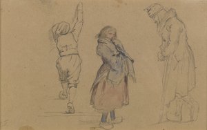 Kolme hollantilaista hahmoa, n. 1852 (grafiitti, wc ja valkoinen liitu ruskealla paperilla) tekijältä Eastman Johnson