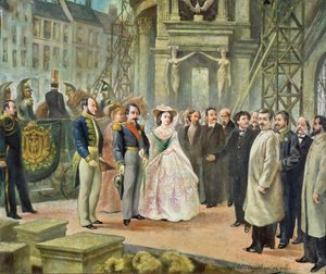Paroni Georges-Eugene Haussmann (1809-91) Napoleon III (1808-73) ja keisarinna Eugenie (1826-1920) vierailemassa työläisten luona oopperassa tekijältä Ed. Gilis