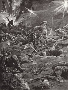 Luutnantti Benjamin Geary kiirehtimässä raskaan tulipalon alla kaivantoon kukkulan 60 oikealla puolella saadakseen yhteyden upseeriin, Ypres, Belgia, huhtikuu 1915