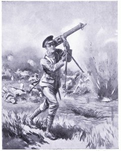 Private Lynn kuljettaa mukanaan konekivääriä korjattavaksi raskaan tulen alla Aisnen taistelussa. Palkittu DCM 1915 tekijältä Edgar Alfred Holloway