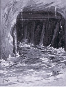 Toinen alikersantti Collier kamppailee ulos kaivosgalleriasta, joka oli lähes täynnä vettä työnsä jälkeen (DCM) (litho)