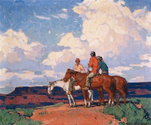 Ratsastajat hevosen selässä (öljy kankaalle) tekijältä Edgar Alwin Payne