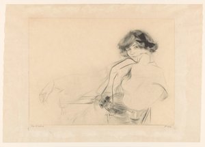 Nuori nainen rusetti hiuksissaan istuu tuolilla tekijältä Edgar Chahine (signed by artist)