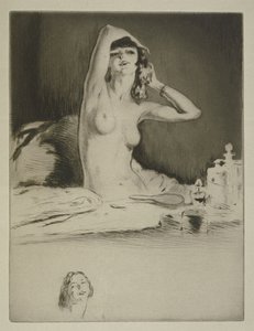 Nainen wc:ssä, Sidonie-Gabrielle Colette (1873-1954) kuvitus "Mitsou"-kirjaan, julkaistu 1930 (etsaus ja kuivapuikko)