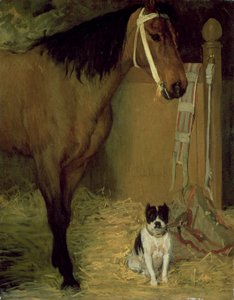 Tallilla, hevonen ja koira, n. 1862 tekijältä Edgar Degas