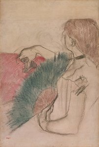 Teatterissa, Nainen tuulettimen kanssa, 1880 tekijältä Edgar Degas