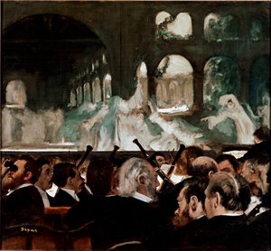 Baletissa Robert le Diable”” de Meyerbeer”” Baletti, jonka ovat säveltäneet Jakob (Giacomo) Liebmann Meyerbeer (1791-1864) ja Eugene Scribe. Eturivin katsojat. Edgar Degasin (1834-1917) maalaus 1876 su. 75x81 cm Lontoo, Victoria and Albert Museum tekijältä Edgar Degas