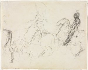 Taistelukohtaus panssaroiduilla hahmoilla hevosen selässä recto Two Seating Women verso, 1856-1860. tekijältä Edgar Degas