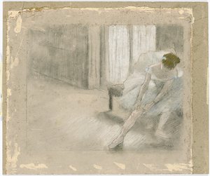 Tanssija istuu, säätelee sukkiaan, Danseuse tirant son maillot tekijältä Edgar Degas