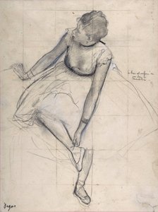 Tanssija säätelee kenkiään (ballerina). Edgar Degasin (1834-1917) piirustus New York Citystä. Metropolitan Museum of Art. tekijältä Edgar Degas