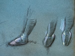 Tanssija selästä ja kolme jalkatutkimusta (yksityiskohta). Noin 1878. Hiiltä ja pastellia paperilla tekijältä Edgar Degas