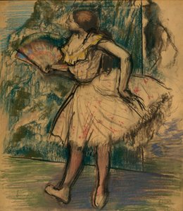 Tanssijatar viuhkan kanssa, n.1890-95 (pastelli ja hiili häränväriselle kuultopaperille). tekijältä Edgar Degas