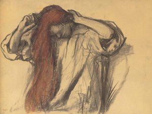 Nainen muotoilee hiuksiaan tekijältä Edgar Degas