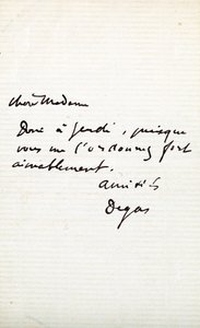 Taiteilijan kirje Berthe Morisotille (1841-95) tekijältä Edgar Degas