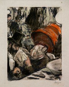 Ludovic Halevy kuulemassa tarinaa Madame Cardinalista pukuhuoneessa. Noin 1876-1877. Pastelli monotypialle mustalla musteella, ensimmäinen testi. tekijältä Edgar Degas