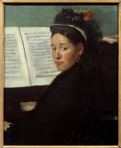 Mademoiselle Dihau (1843-1935) konserttipianisti Kolumni, pianolla Edgar Degasin (1834-1917) maalaus 1869 su. 0,45x0,32 m Pariisi, musee d
