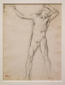 Alasti kasvot, kädet koholla, noin 1859-1861. Grafiittia veliinipaperilla. tekijältä Edgar Degas