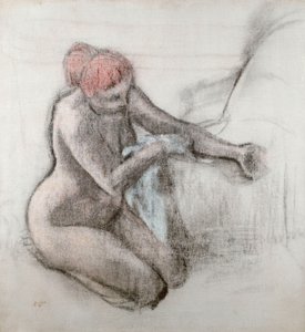 Alaston nainen kuivaamassa itseään kylvyn jälkeen, n. 1898