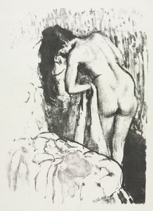 Alaston nainen seisomassa, kuivaamassa itseään, 1891-1892.