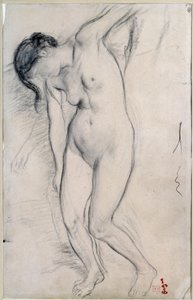Tutkimus alaston naisesta, joka seisoo sanalla "scene de guerre au middle age"". Edgar Degasin (1834-1917) piirustus, noin 1863-1865. Koko: 0,35 x 0,22 m. Pariisi, Musee d