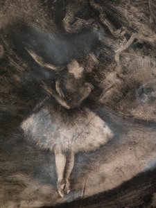 The Master of Ballet (yksityiskohta) (toteutettu yhteistyössä Ludovic Lepicin kanssa). 1876. Monotypia mustalla musteella valkoisella liidulla tekijältä Edgar Degas