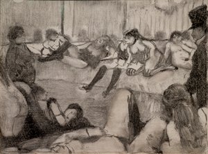 Salonki. 1879. Monotypiassa on musta muste, pastelli korostaa. tekijältä Edgar Degas