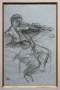 Viulisti. 1879. Hiilen ja valkoisen liidun kohokohdat siniharmaalla paperilla. Boston, Museum of Fine Arts, William Francis Warden Fund. tekijältä Edgar Degas