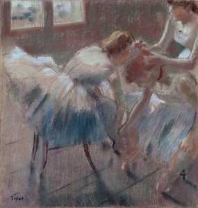 Kolme tanssijaa valmistautumassa tunnille, n.1880 (pastelli vaahtomuovipaperille). tekijältä Edgar Degas