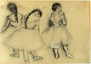 Kolme tanssijaa: hiili ja pastelli paperille (noin 1880), Edgar Degas (1834-1917) - yksityiskokoelma - tanssi, baletti, tutu, tossut, ooppera - hiukset, hiukset - tekijältä Edgar Degas