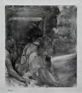 Teatteriin. Noin 1878. Monotypessa on mustaa mustetta Kiinasta. tekijältä Edgar Degas