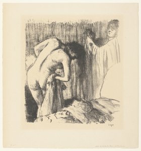 Nainen kuivuu kylvyn jälkeen ja saa naiselta vaatteita La Sortie du bain tekijältä Edgar Degas