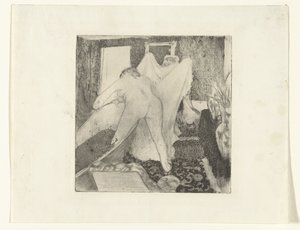 Nainen nousee kylvystä ja saa pyyhkeen naiselta La Sortie du Bain tekijältä Edgar Degas