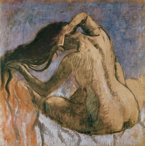 Nainen kampaava hiuksia, 1905-10 (pastelli paperille)