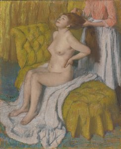 Nainen kampaamassa hiuksiaan, n.1886-88 (pastelli vaaleanvihreälle paperiarkille kiinnitettynä selluloosapahviin)