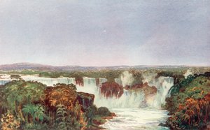 Osittainen näkymä Iguassun putouksille, Brasilian, Paraguayn ja Argentiinan risteyksestä, jota lähestyi pohjoisesta Brasilian rautatieyhtiön järjestelmä (väri litho)