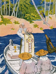 "Messu laguunissa", kuvitus Georges Goyaun (1869-1939) teoksesta "A la Conquete du Monde Paien", 1933 (värilitografia).